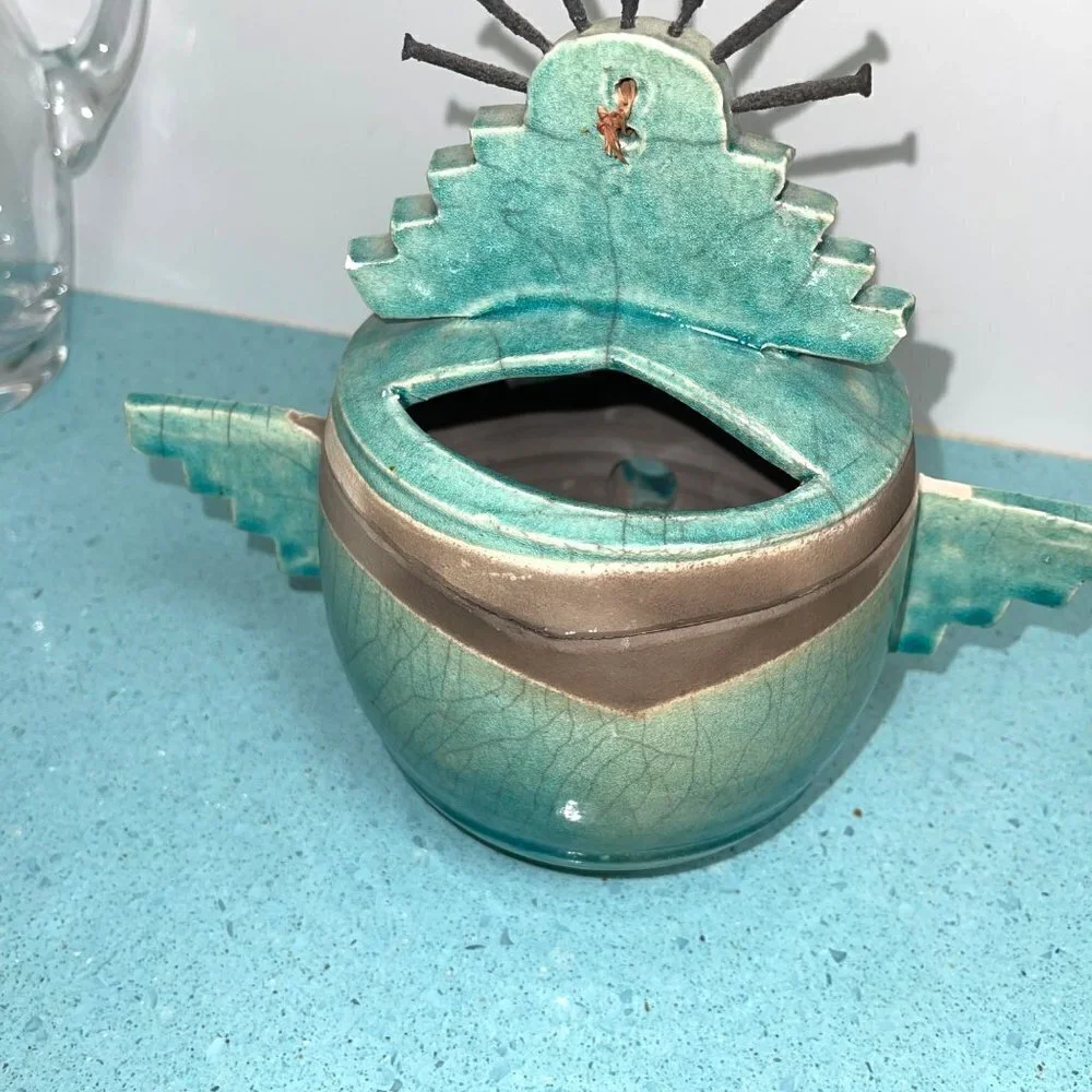 Barbara Heard Ceramic Lantern Signed Bird Head Blue Gray Handmade Pottery Candle